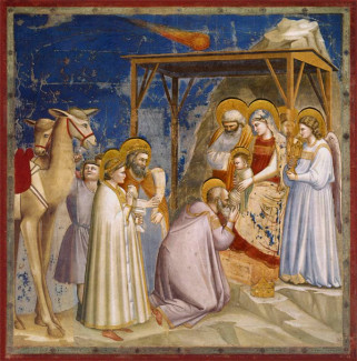 Giotto di Bondone: Adorazione dei Magi (Anbetung der Könige), Fresko in der Cappella degli Scrovegni (Padua) mit Darstellung eines Kometen, um 1305